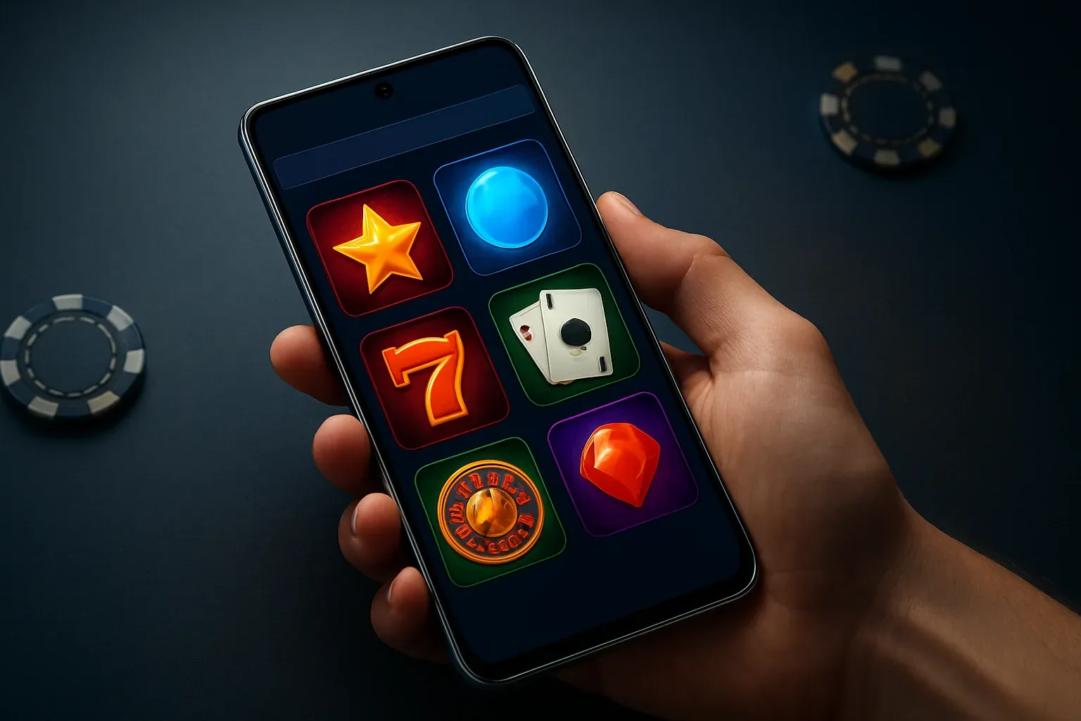 Cinematic flagship Android phone showing vivid casino app interface, dark blue background