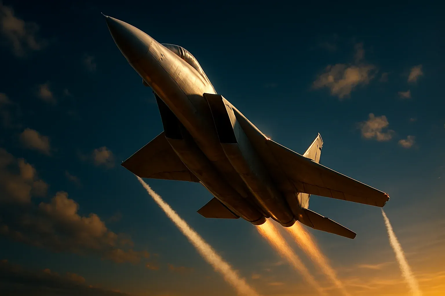 Hyperrealistic white jet climbing steeply with condensation trails in deep blue sky