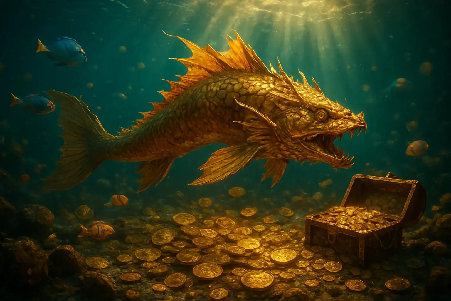 Hyperrealistic underwater golden dragon fish surrounded by glowing coins and treasure