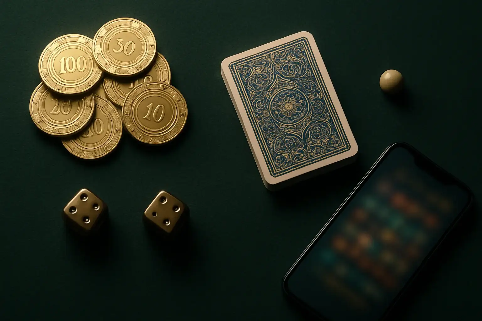 Top-down casino table with gold chips, cards, dice, roulette ball, smartphone