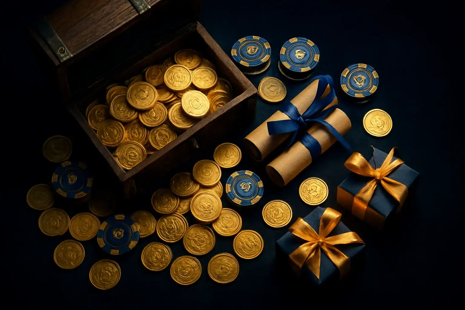 Overflowing treasure chest with gold coins, casino chips, vouchers, and gift boxes