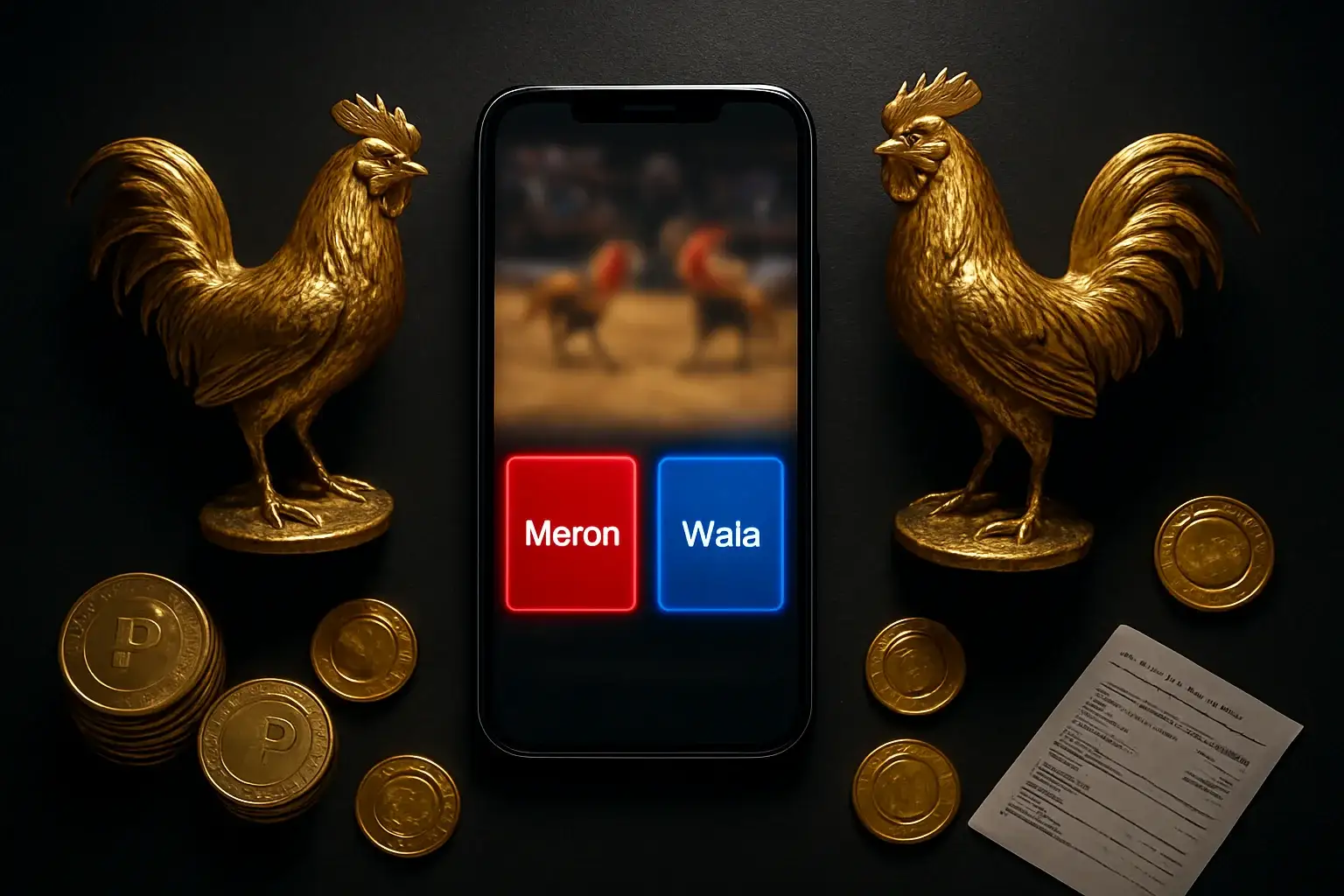 Smartphone sabong betting interface with golden roosters, peso coins, casino chips