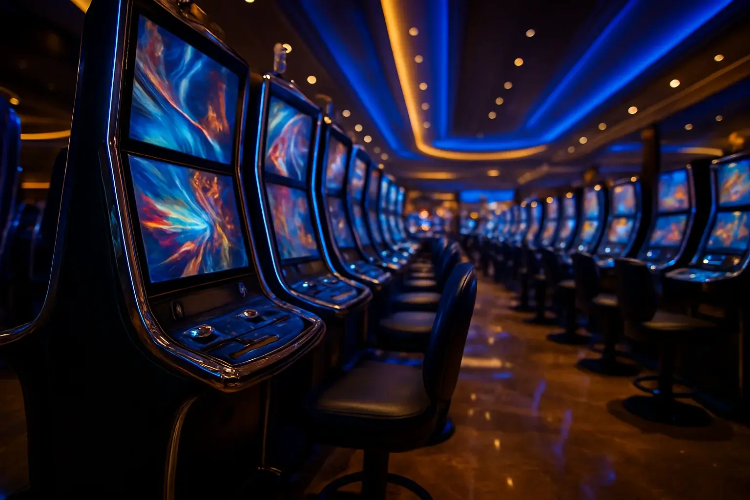 Hyperrealistic wide shot of Manila casino slots floor with blue gold lighting