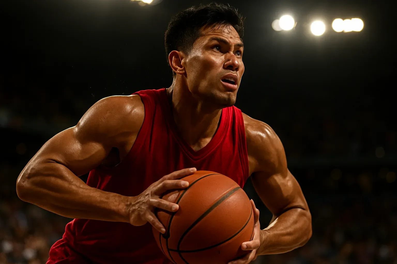 Hyperrealistic close-up of Filipino PBA player midair driving to basket